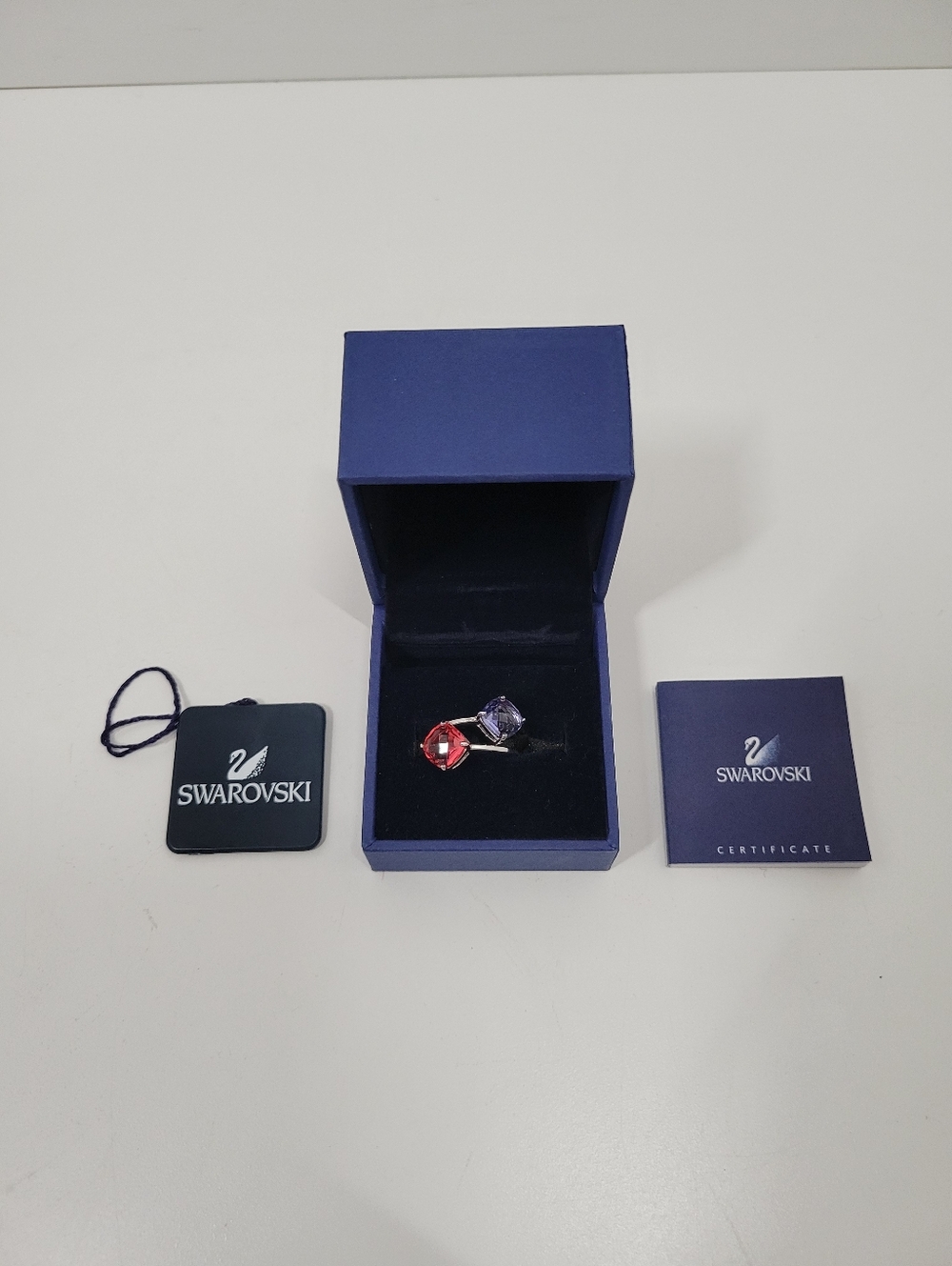 Swarovski Red And Blue Faceted Crystal Stones Silver Tone Ring Set Of 2 Size 5.5